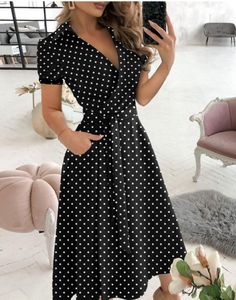 Designer Femmes Mode Casual Robe Femmes Poche Midi Robe Femme Sexy Slim Fit Robe Sping Été Turn Down Col À Manches Courtes Tunique Wrap Dresses5DT8