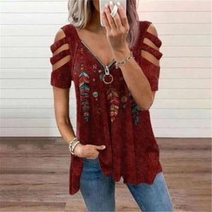 Designer Damesmode Casual T-shirt 2024 zomer Dames V-hals Rits Print Korte mouw Los T-shirt Dames Top dames katoenen blouse t-shirts dames shirts2N21