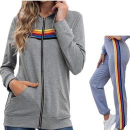 Sweats à capuche pour femmes Sweatshirts Zip Up Sweat à capuche surdimensionné Rainbow Haruku Donsignet Veste Casual Fashion Rayé Plus Taille Manteau