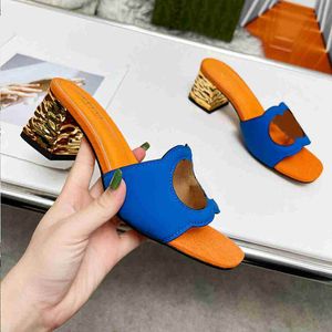 Designer Women's Interlocking G Cut-Out Slide Slippers Sandal Flat Sandals Pantoufle en cuir Casual Beach Tongs Daim bleu et orange Mesdames curseurs 35-43