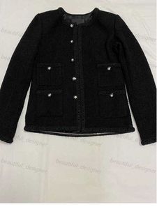 Designer damesjas zwart kleine geurige stijl grove tweed jas voor dames 2024 herfst nieuwe high-end high-end single breast round nek rechte buis top