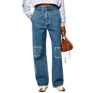 Designer damesjeans aankomst hoge taille uitgeholde patch geborduurde decoratie casual blauwe rechte denim broek