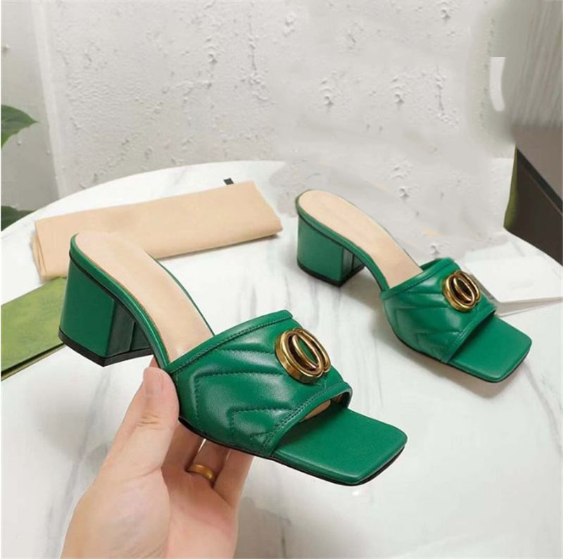 Designer women's Kitten Heel Slippers Summer New leather Office Sandals Seaside Resort Flip-flops size 35-44 with box