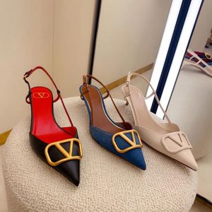 Sandalias de tacón alto en V de cuero genuino con punta estrecha para mujer de diseñador Cordón de zapato formal Hebilla en forma de V de metal Zapatos de boda sexy para mujer Tamaño de cuero genuino 35-44