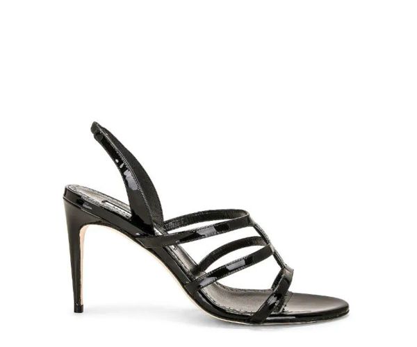 Sandalias de diseñador para mujer HOURANI 105 mm Cuero lacado punta expuesta Bomba con tiras negras Italia Popular Boca de pescado Slingback Vestido de noche Sandalia