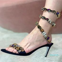 Designer damessandalen Banket Stiletto High-Heel Sexy Snake Wrap Strap Mixed Colors Crystal Ankle Wrap Strap Sandalen