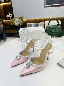 Designer chaussures pour femmes chaussures en soie luxe à talons hauts banquet femmes mule mode mariage cristal perle 9.5cm desgner diapositive 35-42