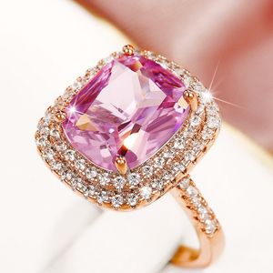 Anillo de diseñador para mujer, anillo solitario, elegante y sofisticado, cuadrado, anillo de diamante rosa, anillo de boda de circón de lujo