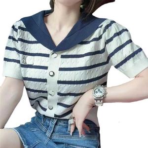 Designer damessweaters MIU Marinestijl gebreid gestreept vest met V-hals, korte mouwen dames dun top T-shirt zomerproduct Q0RF