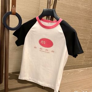 T-shirt femme design été col rond manches courtes y2k lettre motif embellissement haut court noir et rose couleur contrastée fille quotidien minimaliste