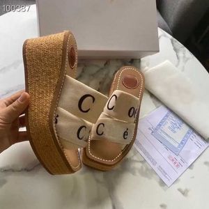 Sommer Damen Woody Sandalen Letter Print Canvas Espadrille Plateau Slides Cross Weave Bequeme Wedges Slipper EU35-42 BOX