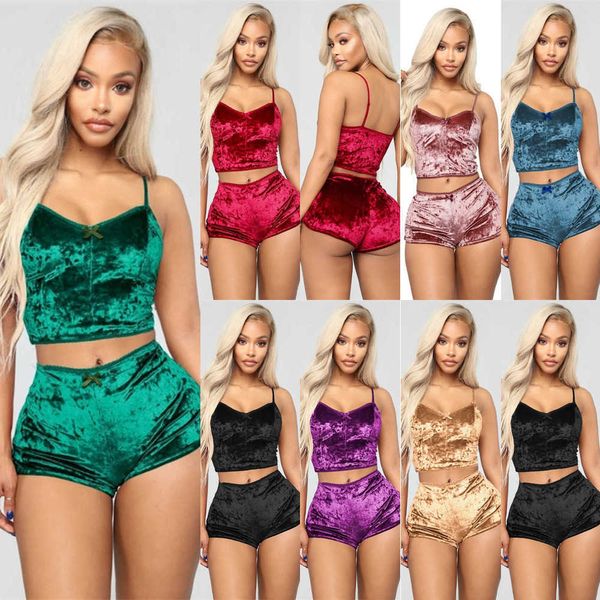 Designer Femmes Sexy Velvet Pyjama Ensembles Dames Dentelle Col V Crop Tops Shorts Costume 2 Pcs Fille Vêtements De Nuit Vêtements De Nuit Lingerie Plus Taille 3XL