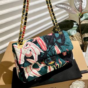 Designer dames schoudertas 26c puur katoen mooie geschilderde print gouden hardware metalen gesp luxe handtas gematelasseerde ketting crossbody tas make-uptas modetassen