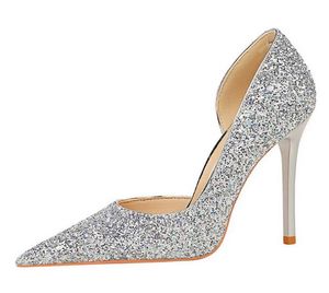 Designer Women Sier Crystal Party Hoge hakschoenen Pumps ondiepe mond slip-on puntige teen dame jurk bruid's trouwschoenen