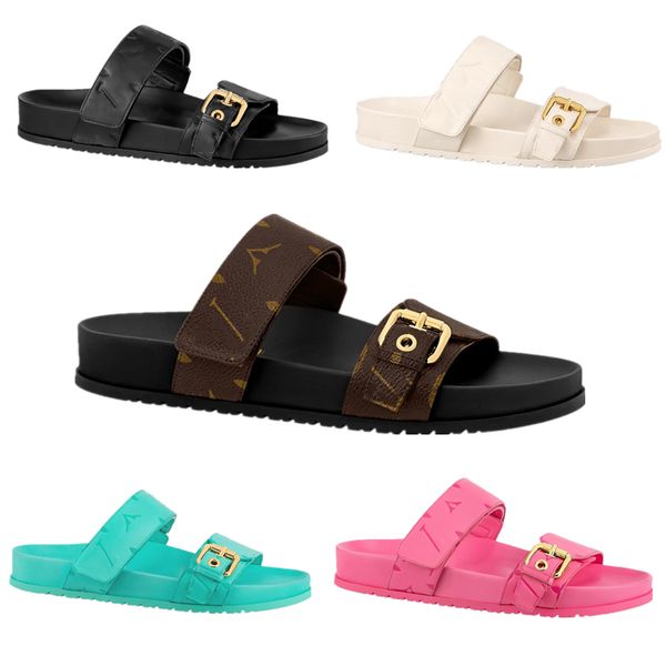 Diseñador Mujer Slide Bom Dia Comfort Sandalias planas Lujo Alta calidad Laca Lona Cuero Envejecimiento Estampado Broche Zapatillas