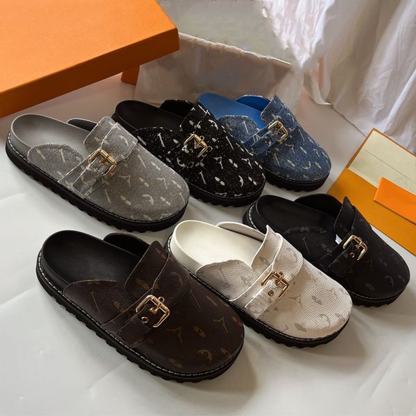 Designer Women Slide Cozy Comfort Flat Sole Sandals Painted Canvas Shoes Imprimé Bleu Noir Marron Gris Entrelacé Texte Flat Sole Pantoufles