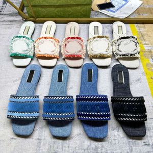 Designer Women Slide denim blauwe strand slippers gerafeld rand geborduurde canvas sandaal flats 2024 zomer muilezel borduurwerk in elkaar grijpende G uitsnede platform schuifregelaars schoenen