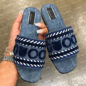 Designer Women schuift sandalen platte slippers platform denim strand jelly rubber script geborduurde zomer herfst muildieren buiten waterdicht