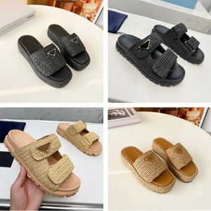 Designer dames slippers zwart geweven platform sandaal gehaakte wiggen glijbanen stroming slipper zomer twee riemen plat comfort muilezel strand zwembad met doos