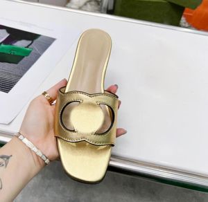 Designer Women Slippers Cut-out lederen sandalen in elkaar grijpen G Flat Heel Square Toe Slippers Beach Causale schoenen