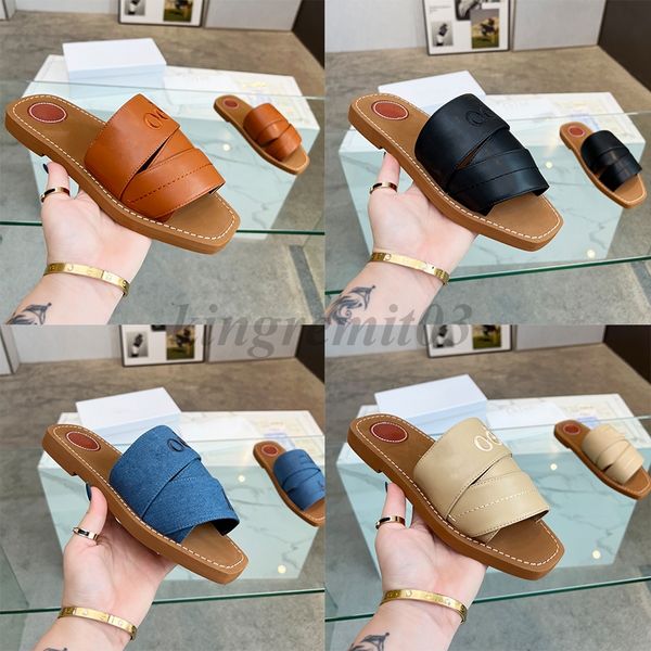 Diseñador Mujer Zapatillas Woody Mules Lienzo Cruz Tejido Zapatilla Verano Peep Toe Diapositivas Carta Estilista Zapatos con caja