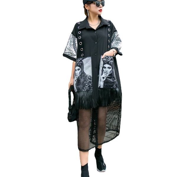 Diseñador Mujer Verano Negro Casual Camisa de gasa Vestido Bolsillos de dibujos animados Media manga Tallas grandes Mujer Midi Party Club Vestido Robe Un tamaño