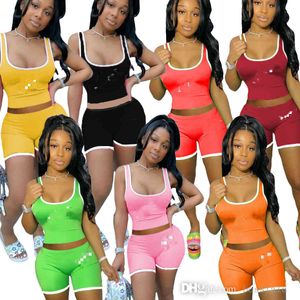 Nuevas mujeres Chándales de verano Carta de moda Impreso Conjuntos de dos piezas Traje deportivo sexy Chaleco de color sólido Pantalones cortos Trajes Venta caliente Tallas grandes S-3XL