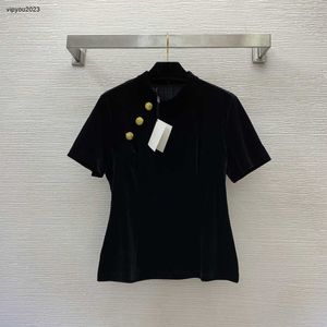 designer dames t-shirt merkkleding voor zomermode Knoopdecoratie slank en opstaande kraag top met korte mouwen 15 december Nieuw
