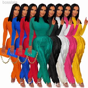 Designer Women Tassel Two -delige broek Set 2023 herfstkleding dames dames lange mouw bodysuit jumpsuit top en trekkoord broek bijpassende outfits