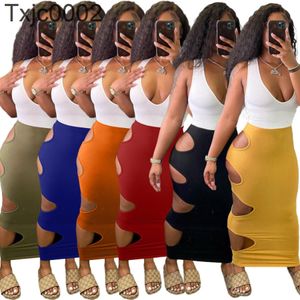 Damesjurk Designer Maxi Jurken Slanke Sexy Diepe U Hals Gebreid Contrast Kleur Holle Hole Jurken Mouwloze Rok 6 Kleuren