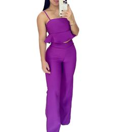 Designer Women Two Pally Pants SNE0159 Zomer Solid Color Suspenders Ruffle Lower Hem High Taisted rechte broek 2-stuk casual Fashion Street Clothing