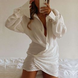 Designer Women Urban Sexy Dresses Long sleeved white shirt sexy deep V cross new Ladies linen dress skirt 4ed f5f
