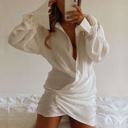 Designer Femmes Urban Sexy Robes Shirt White à manches longues Sexy Deep V Cross New Dames Linen Robe Jirt 4ed 42Af9