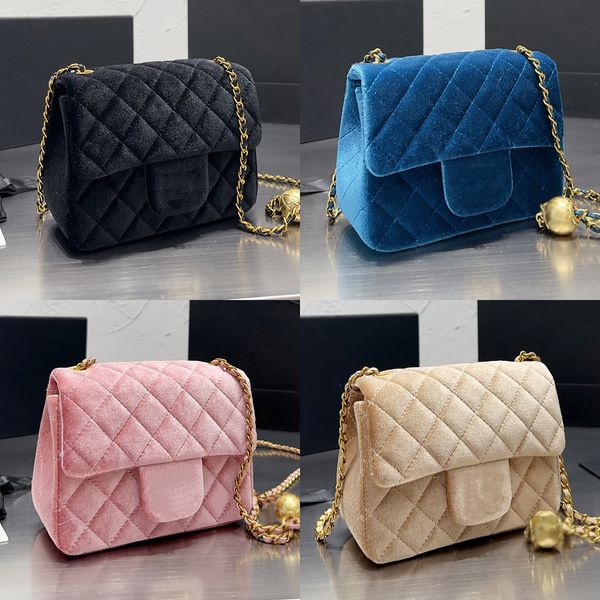 Diseñador Mujer Terciopelo Acolchado Flap Chain Bag Francia Marca de lujo Velour Diamond Lattice Mini bolsa Crossbody Bolso Lady Gold Ball Cadenas Correa Bolsas de hombro 17 cm