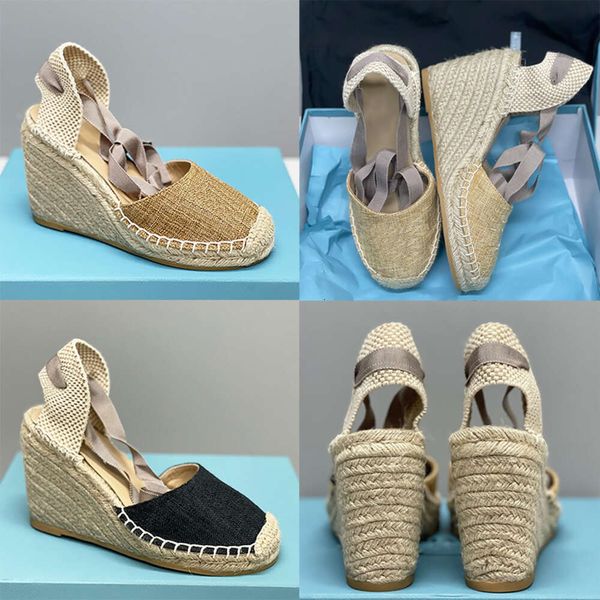 Designer Femmes Sandales Compensées Espadrilles Talons Hauts Plateforme En Cuir Talons Cheville À Lacets Sandale D'été Mode Chaussures De Paille Avec Boîte 536