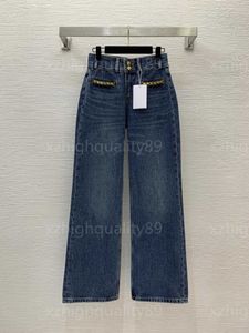 Designer Women Dames denim broek mode nieuwe brede broek metalen ketting decoratie los fit rechte been broek vrijetijdsartikelen veelzijdige jeans voor vrouw