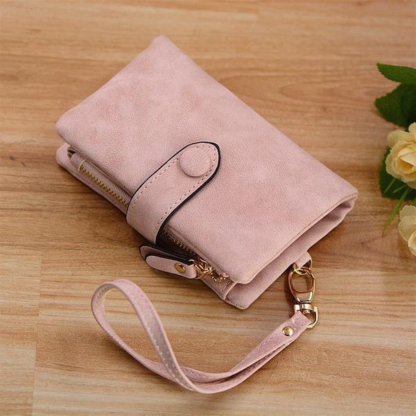 Diseñador de mujer Cartera de pulsera con correa Bolsillo para monedas Vintage Suave Monedero de gamuza rosa Carpeta para mujer Clips para dinero 6 colores Billetera Y1281E