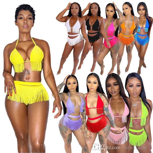 Diseñador para mujer Bikini Set Verano Moda Mujeres Sexy V Cuello Color Sólido Dividir Traje de baño Precioso Suspender Borla Traje de baño