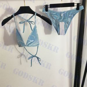 Bikini de diseñador para mujer Traje de baño de terciopelo azul cielo Carta Ropa interior de jacquard Traje de baño dividido al aire libre de verano