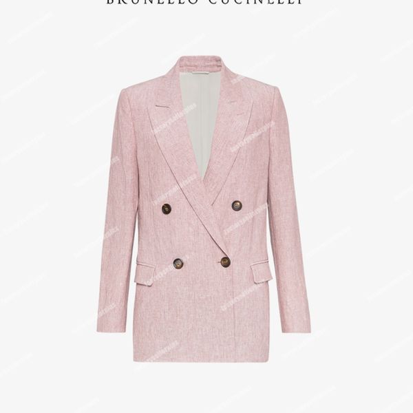 Diseñador para mujer Blazers Brunello Manga larga Lino Doble botonadura Rosa Ocio Traje Abrigos