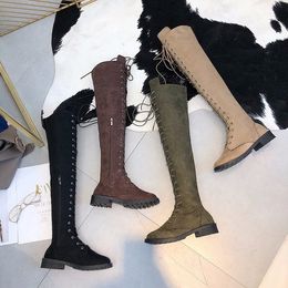 Botas de diseñador para mujer Botas informales con punta redonda y tacón cuadrado, tacones bajos por encima de la rodilla, botas largas con cordones y botines de gamuza para mujer, zapatos de invierno