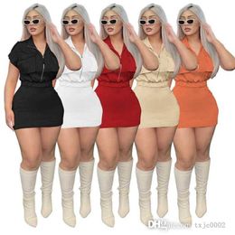 Designer femmes robes décontractées 2023 nouvelle couleur unie fermeture éclair col montant poche hauts taille haute à manches courtes mince robe Sexy