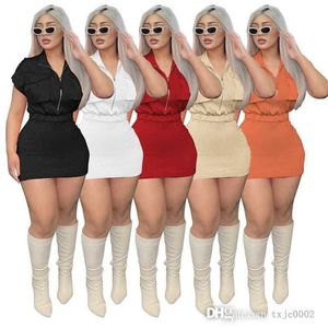 Designer dames casual jurken 2023 Nieuwe vaste kleur zipperstandaard Kraagzak Tops Hoge taille korte mouw slanke sexy jurk