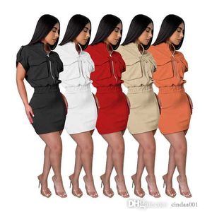 Vestidos casuales de diseñador para mujer 2023 Color sólido Cremallera Cuello alto Bolsillo Tops Cintura alta Manga corta Falda sexy delgada