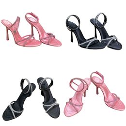 Designer dames diamant peep teen sandalen zomer beroemde brede stilett hak heldere zwarte schuifregelaars lederen riemschoen gewatteerde pompen strand met doos maat 35-41