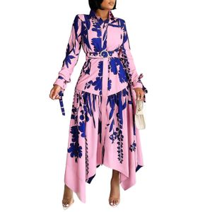 Robes de créateurs pour femmes Ceinture élégante Flora Chemise imprimée Robes Dames Col rabattu Vintage Manches longues Longueur cheville Robe de soirée Robes Blouse Vêtements S-3XL