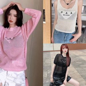 Designer Womens Fashion Couleur patchwork O-le-couses Correct Lettres de marque Broiderie Strip tricot Tops Short Sleeve Hollow Out Voir Through Summer T-shirt T-shirt Knits Tees