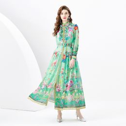 Designer Femmes Floral Maxi Resort Robe Col Montant Vintage Lanterne Manches Longues Fleur Imprimer Chemises Robes Dames Belle Casual Beach Party Robes Vêtements Printemps