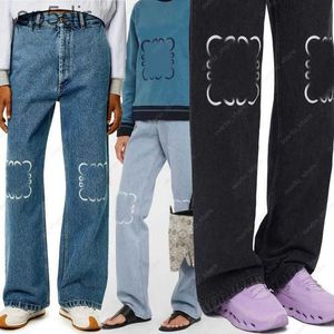 Designer dames jeans denim broek hoge taille straat rechte pantalones patch geborduurde decoratie casual blauwe jassen xj5j