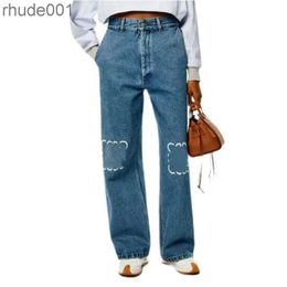 Designer dames jeans hoge taille hollowed borduurwerk loewe lange broek broek broek decoratie ritssluiting casual blauw rechte denim broek ongedefinieerde pa8m